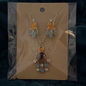 Gold-Tone Necklace and Earring Set with Teal and Amber Stones